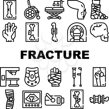 Fracture Accident Collection Icons Set Vector. Bone And Hand, Leg And Skull Fracture Trauma, Hospital Treatment Equipment And Rehabilitation Tool Black Contour Illustrations