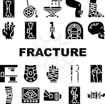 Fracture Accident Collection Icons Set Vector. Bone And Hand, Leg And Skull Fracture Trauma, Hospital Treatment Equipment And Rehabilitation Tool Glyph Pictograms Black Illustrations