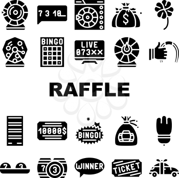Raffle Lottery Game Collection Icons Set Vector. Raffle Car And Win Money Gambling, Bingo Card And Kegs, Wheel Of Fortune And Ticket Glyph Pictograms Black Illustrations