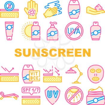 Sunscreen Protection Collection Icons Set Vector. Sunscreen Uv Protect Cream On Hand And Face, Bottle And Tube, Beach Umbrella And Sun Lounger Concept Linear Pictograms. Color Contour Illustrations