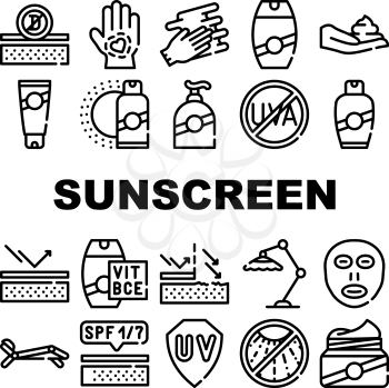 Sunscreen Protection Collection Icons Set Vector. Sunscreen Uv Protect Cream On Hand And Face, Bottle And Tube, Beach Umbrella And Sun Lounger Black Contour Illustrations