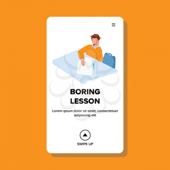 Boring Lesson Listen Schoolboy In Classroom Vector. Boring Lesson Listening Boy, Writing Information In Notebook With Pen. Character Education And Knowledge Web Flat Cartoon Illustration
