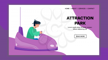 Attraction Park Entertainment Teenager Vector. Bumper Car Driving Young Boy Teen In Festival Attraction Park. Character Drive Cart And Have Recreation Time Web Flat Cartoon Illustration