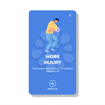 Work Injury Getting Young Man Employee Vector. Elbow Pain Work Injury Suffering Boy Colleague, Company Worker With Health Problem. Character With Hand Trauma Web Flat Cartoon Illustration