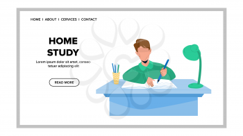 Home Study And Homework Doing Pupil Boy Vector. Schoolboy Writing Exercise In Notebook With Pencil, Home Study Education. Character Child Have Educational Time Web Flat Cartoon Illustration