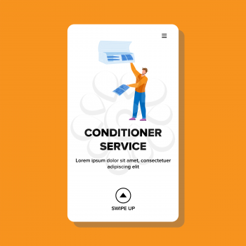 Conditioner Service Worker Repair Equipment Vector. Conditioner Service Repairman Fix And Clean Electronic Device. Character Repair Air Conditioning System Web Flat Cartoon Illustration