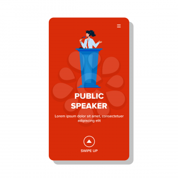 Public Speaker Woman Speaking From Tribune Vector. Young Girl Public Speaker Talking In Microphone Electrical Equipment. Character Businesswoman Speech On Conference Web Flat Cartoon Illustration