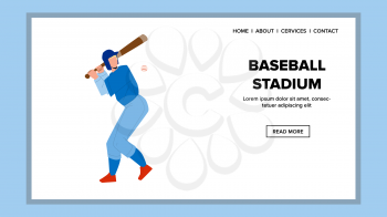 Baseball Stadium For Playing Sportive Game Vector. On Baseball Stadium Playing Professional Player With Wooden Bat And Ball. Character Hitting Action On Field Web Flat Cartoon Illustration