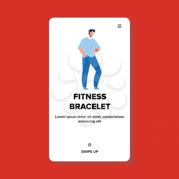 On Fitness Bracelet Watching Young Man Vector. Businessman Look On Fitness Bracelet, Checking Time, Heartbeat Or Number Of Steps Taken. Character Smart Watch Web Flat Cartoon Illustration