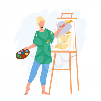 Artist Woman Painting Picture On Canvas Vector. Young Girl Artist Drawing And Creating In Studio With Brush And Paint. Character Artistic Painter Creativity Flat Cartoon Illustration