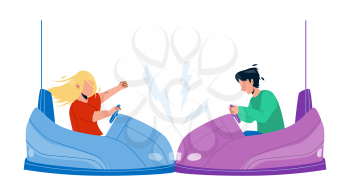 Bumper Car Attraction Enjoying Boy And Girl Vector. Children Driving Electric Bumper Car And Crashing Together In Amusement Park. Characters Leisure Active Time Flat Cartoon Illustration