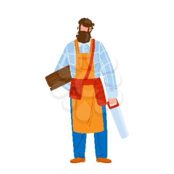 Carpenter Holding Saw And Wooden Board Vector. Bearded Carpenter Man Wearing Uniform And Apron Hold Equipment And Material. Character Repairman Occupation Flat Cartoon Illustration