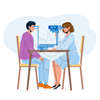 Eye Checking Patient In Doctor Cabinet Vector. Medicine Worker Eye Checking With Professional Electronic Equipment. Characters Medical Examination And Treatment In Hospital Flat Cartoon Illustration
