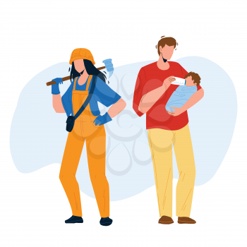 Gender Equality Relationship Man And Woman Vector. Young Girl With Equipment Hard Working And Boy Father Feeding Newborn Baby, Gender Equality. Characters Flat Cartoon Illustration