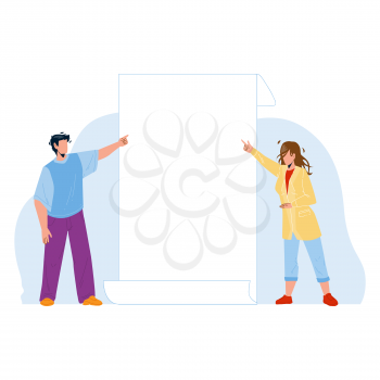 Look On Paper List Showing Boy And Girl Vector. Young Man And Woman Talking Look And Pointing On Blank Card. Characters Managers Businesspeople Advertising Flat Cartoon Illustration