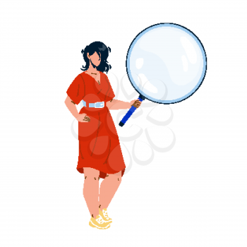 Girl Looking Through Magnifying Glass Tool Vector. Young Woman Holding And Looking Through Magnifier For Reading Book Or Researching. Character Hold Lens Flat Cartoon Illustration