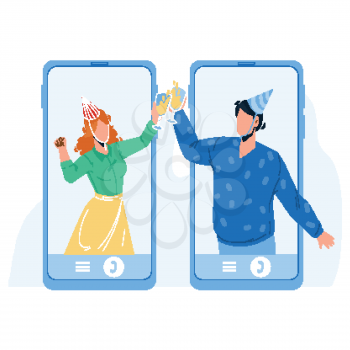Online Celebrating Birthday Friends Couple Vector. Young Man And Woman Wearing Festival Hat And Holding Glasses With Champagne Online Celebrating New Year. Characters Flat Cartoon Illustration
