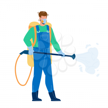 Pest Control Worker Spraying Pesticides Vector. Pest Control Service Working Man Spray Chemical Toxic Liquid With Professional Equipment. Character Insect Exterminator Flat Cartoon Illustration