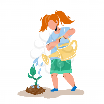 Sapling Planting And Watering Girl Child Vector. Tree Sapling Care Little Kid In Garden. Character Plant Seedling, Gardening Occupation And Ecology Environment Flat Cartoon Illustration