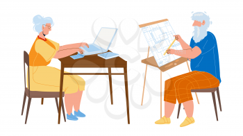 Man And Woman Senior Working Togetherness Vector. Grandmother Working At Laptop And Grandfather Engineer Work With Blueprint Plan. Elderly Characters Occupation Flat Cartoon Illustration