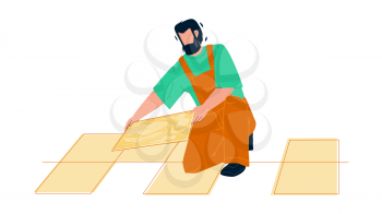 Tiler Man Installing Ceramic Floor Tiles Vector. Tiler Repairman Contractor Tilling Renovation Work. Character Handyman Installer Professional Flooring Working Flat Cartoon Illustration