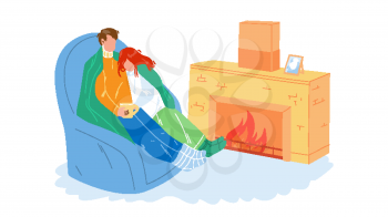 Winter Rest Couple Together Near Fireplace Vector. Young Man And Woman Wrapped In Plaid Relaxing On Armchair And Drinking Hot Drink, Family Winter Rest. Characters Resting Flat Cartoon Illustration