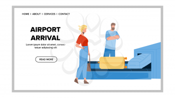 Airport Arrival Passengers Waiting Baggage Vector. International Airport Arrival People Man And Woman Wait Luggage On Terminal Conveyor. Characters Travelers Web Flat Cartoon Illustration