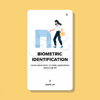 Biometric Identification Security Equipment Vector. Woman Passing Biometric Identification For Access And Enter In Building. Character Recognition Technology Web Flat Cartoon Illustration