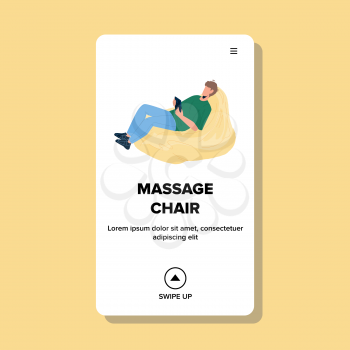 In Massage Chair Relaxing Young Man At Home Vector. Boy Have Leisure Time And Healthy Therapy In Comfortable Massage Chair Equipment. Character Treatment Web Flat Cartoon Illustration