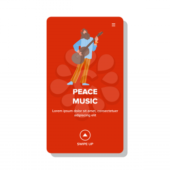 Peace Music Man Playing On Acoustic Guitar Vector. Young Bearded Boy Guitarist Performing Peace Music On Musician Instrument. Character Funny Festival Time Lifestyle Web Flat Cartoon Illustration