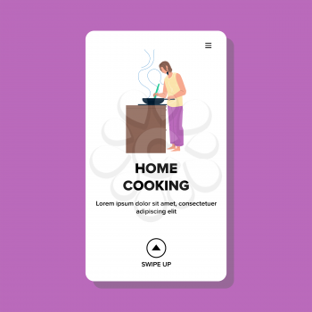 Home Cooking Young Woman At Kitchen Stove Vector. Girl Home Cooking Delicious Dish On Pan. Character Lady Chef Prepare Aromatic Meal, Frying Food Nutrition Web Flat Cartoon Illustration