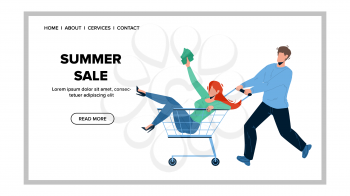 For Summer Sale Customer Running To Store Vector. Young Woman And Man Couple Going To Shop For Buying Goods In Summer Sale. Characters Boy And Girl Shoppers Web Flat Cartoon Illustration