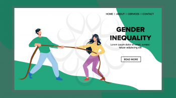 Gender Inequality And Versus Competition Vector. Businessman And Businesswoman Gender Inequality, Boy And Girl Pulling Rope Competitive Game. Characters Tug War Web Flat Cartoon Illustration