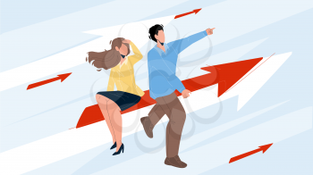 Businesswoman And Businessman Couple Aim Vector. Man And Woman Businesspeople Aim, Sitting On Arrow And Flying To Achievement Together. Characters Successful Business Flat Cartoon Illustration