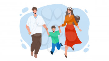 Healthy Family Walking Together Outdoor Vector. Father, Mother And Son Healthy Family Walk Together In Park. Characters Man, Woman And Child Have Funny Leisure Time Flat Cartoon Illustration
