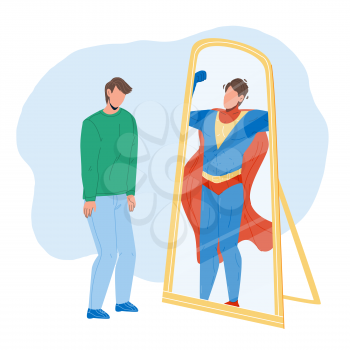 Man Seeing Himself In Mirror As Super Hero Vector. Shy Man Looking At Mirror Reflection And See Superhero. Character Young Businessman Professional Achievement Flat Cartoon Illustration