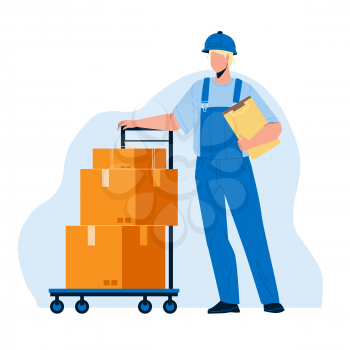 Mover Delivery Service Worker With Cart Vector. Mover Man Delivering Boxes With Customer Order Goods. Character Courier Move And Carrying Cardboard Packages Flat Cartoon Illustration