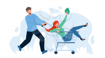 In Shopping Cart Transport Carry Boy Woman Vector. Young Woman Holding Money And Riding In Shopping Cart. Characters Couple Funny Time In Grocery Supermarket Flat Cartoon Illustration