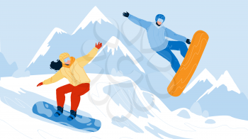 Snowboarding Sport People On Snowy Mountain Vector. Young Man And Woman Snowboarders Snowboarding On Snow Hill Together. Characters Couple Sportive Active Time Flat Cartoon Illustration