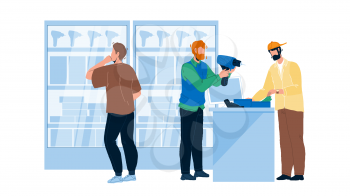Tool Store Selling Instruments For Repair Vector. Clients Man Choosing Electric Hand-held Power Device In Tool Store. Characters Customers In Hardware Construction Shop Flat Cartoon Illustration