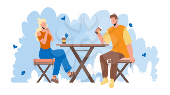 Urban Park Visitors Drink Coffee At Table Vector. Young Man And Woman Sitting On Urban Park Chairs, Drinking Energy Hot Beverage And Communicate Together. Characters Flat Cartoon Illustration