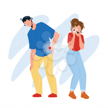 Neck And Back Pain Have Boy And Girl Couple Vector. Sadness Young Man And Woman Suffering From Body Part Pain. Characters Suffer From Health Problem And Disease Flat Cartoon Illustration