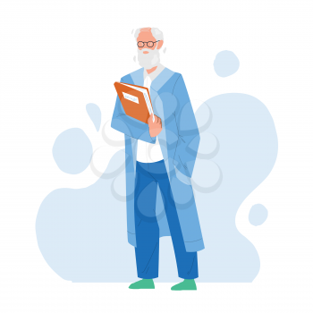 Scientist Old Man In Uniform With Folder Vector. Laboratory Worker Bearded Senior Scientist Wearing Glasses And Professional Costume. Character Science Profession Flat Cartoon Illustration