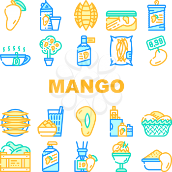 Mango Tropical Fruit Collection Icons Set Vector. Mango Juice And Jam, Ice Cream And Vinegar, Canned Food And Tea, Soap And Aroma Diffuser Concept Linear Pictograms. Contour Color Illustrations