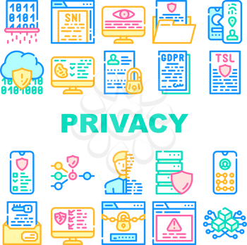 Privacy Policy Protect Collection Icons Set Vector. Biometric Data Protection And Privacy Police, Digital Portrait And Encryption Key Concept Linear Pictograms. Contour Color Illustrations