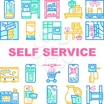 Self Service Buying Collection Icons Set Vector. Self Service Robot Cashier And Photo Kiosk, Digital Check And Terminal For Payment Concept Linear Pictograms. Contour Color Illustrations