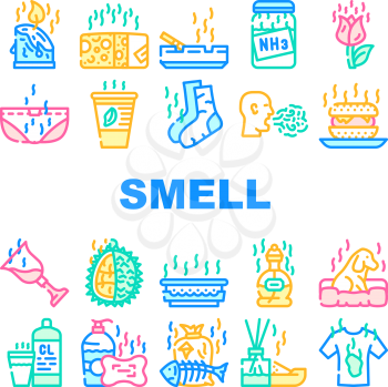 Smell Feel And Sense Collection Icons Set Vector. Cheese And Flowers, Smoking And Garbage Smell, Ammonia And Aroma Candles, Durian And Dog Concept Linear Pictograms. Contour Color Illustrations