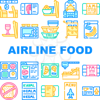 Airline Food Nutrition Collection Icons Set Vector. Armchair With Table For Airline Food And Microwave, Alcohol And Business Class Lunch Concept Linear Pictograms. Contour Color Illustrations