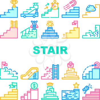 Stair And Achievement Collection Icons Set Vector. Career Stair And Business Target, Competition Event Win And Financial Wellbeing Concept Linear Pictograms. Contour Color Illustrations
