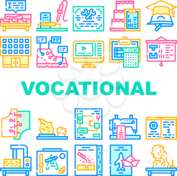 Vocational School Collection Icons Set Vector. Brickwork And Pottery, Cooking And Design Video Courses, Diploma Of Vocational School Concept Linear Pictograms. Contour Color Illustrations